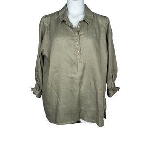 Jones New York Shirt 1X Green 100% Linen Roll Tab Sleeve Shell Button High Lo